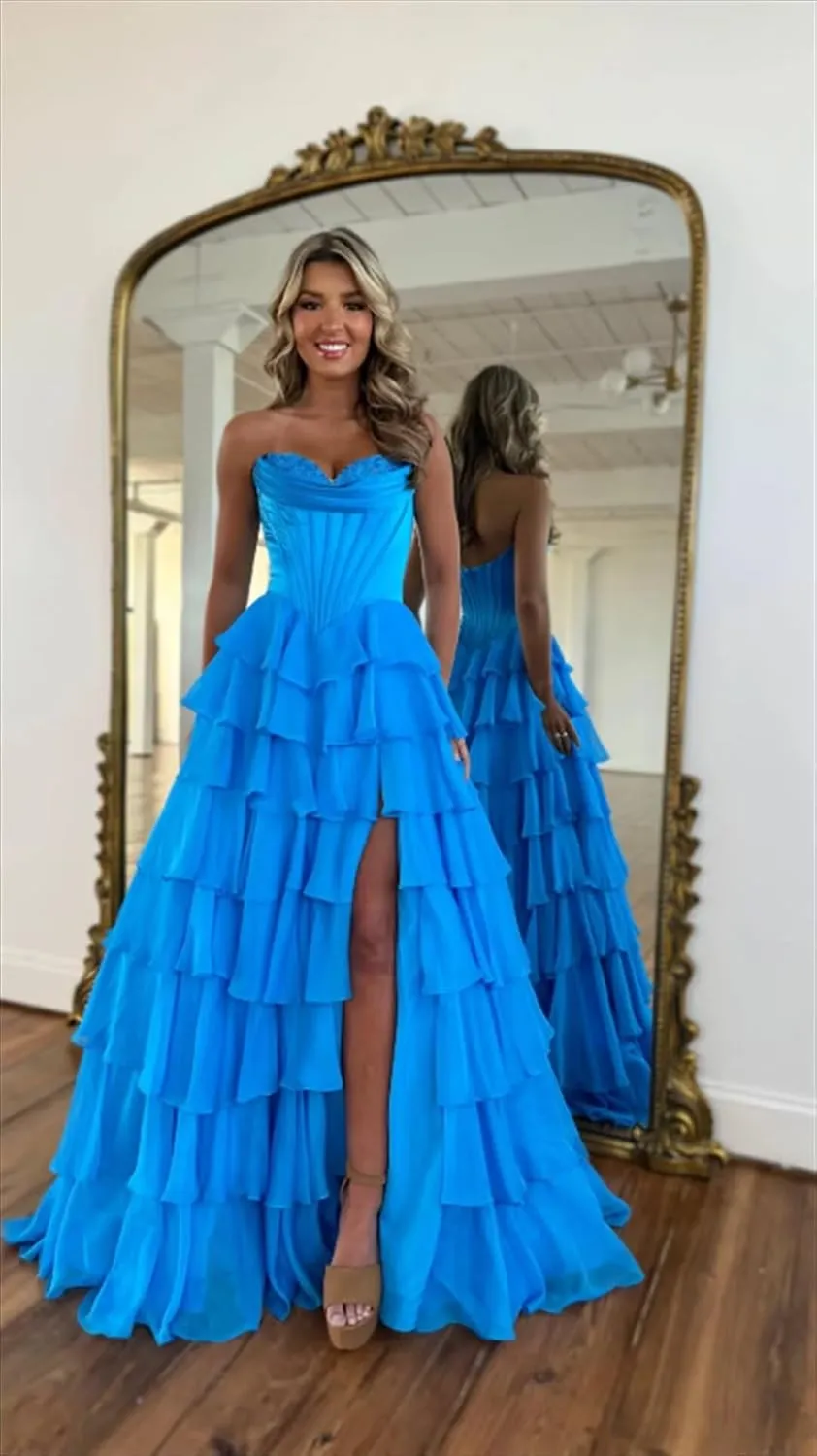 WDBFY Strapless Corset Prom Dresses with Slit Long Tiered Chiffon Evening Dress A-Line Ruffle Formal Evening Gowns