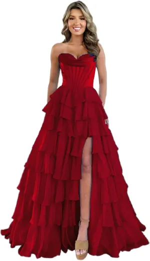 WDBFY Strapless Corset Prom Dresses with Slit Long Tiered Chiffon Evening Dress A-Line Ruffle Formal Evening Gowns