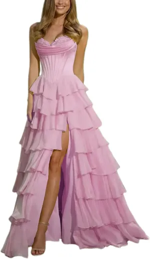 WDBFY Strapless Corset Prom Dresses with Slit Long Tiered Chiffon Evening Dress A-Line Ruffle Formal Evening Gowns