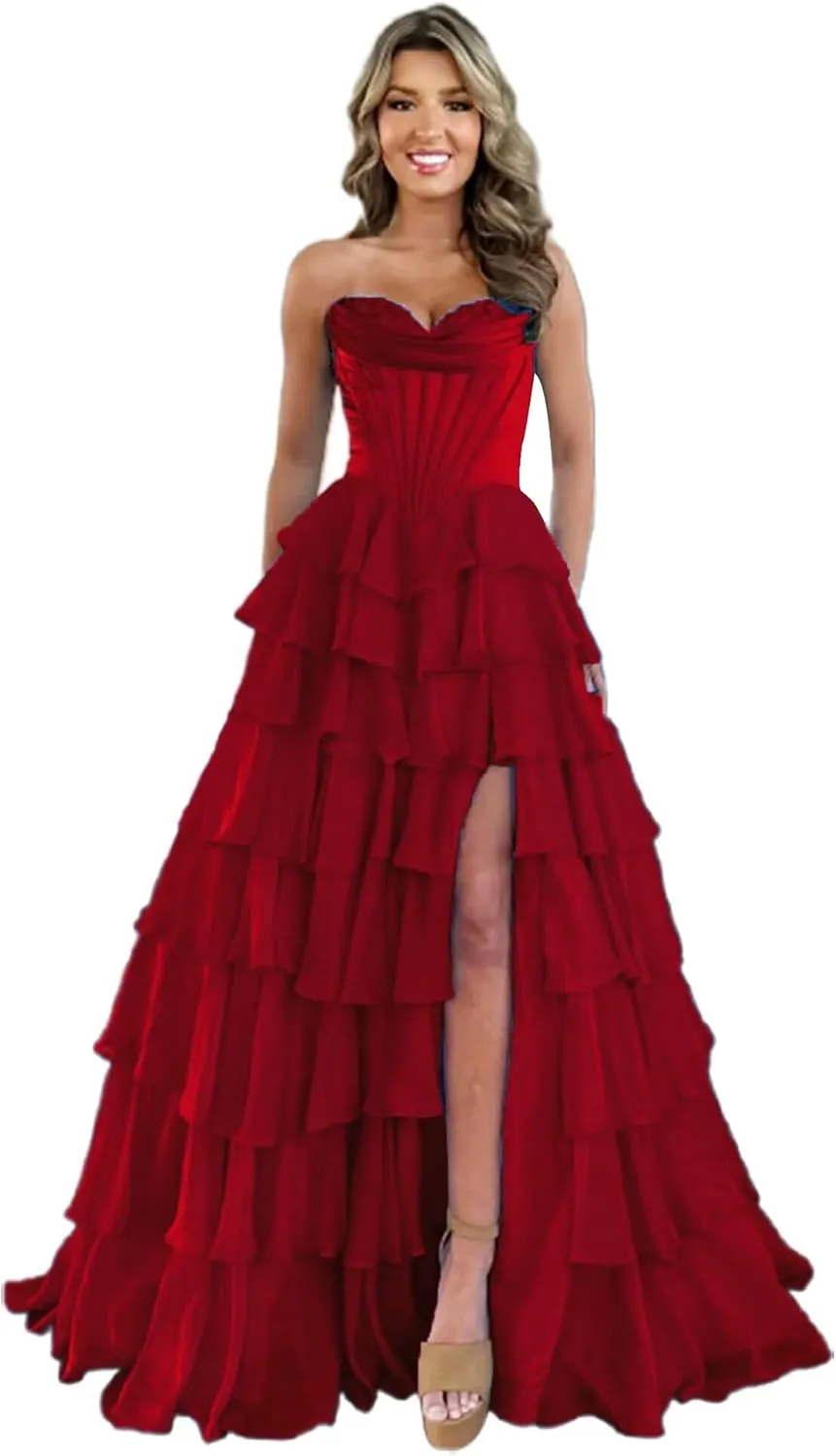 WDBFY Strapless Corset Prom Dresses with Slit Long Tiered Chiffon Evening Dress A-Line Ruffle Formal Evening Gowns