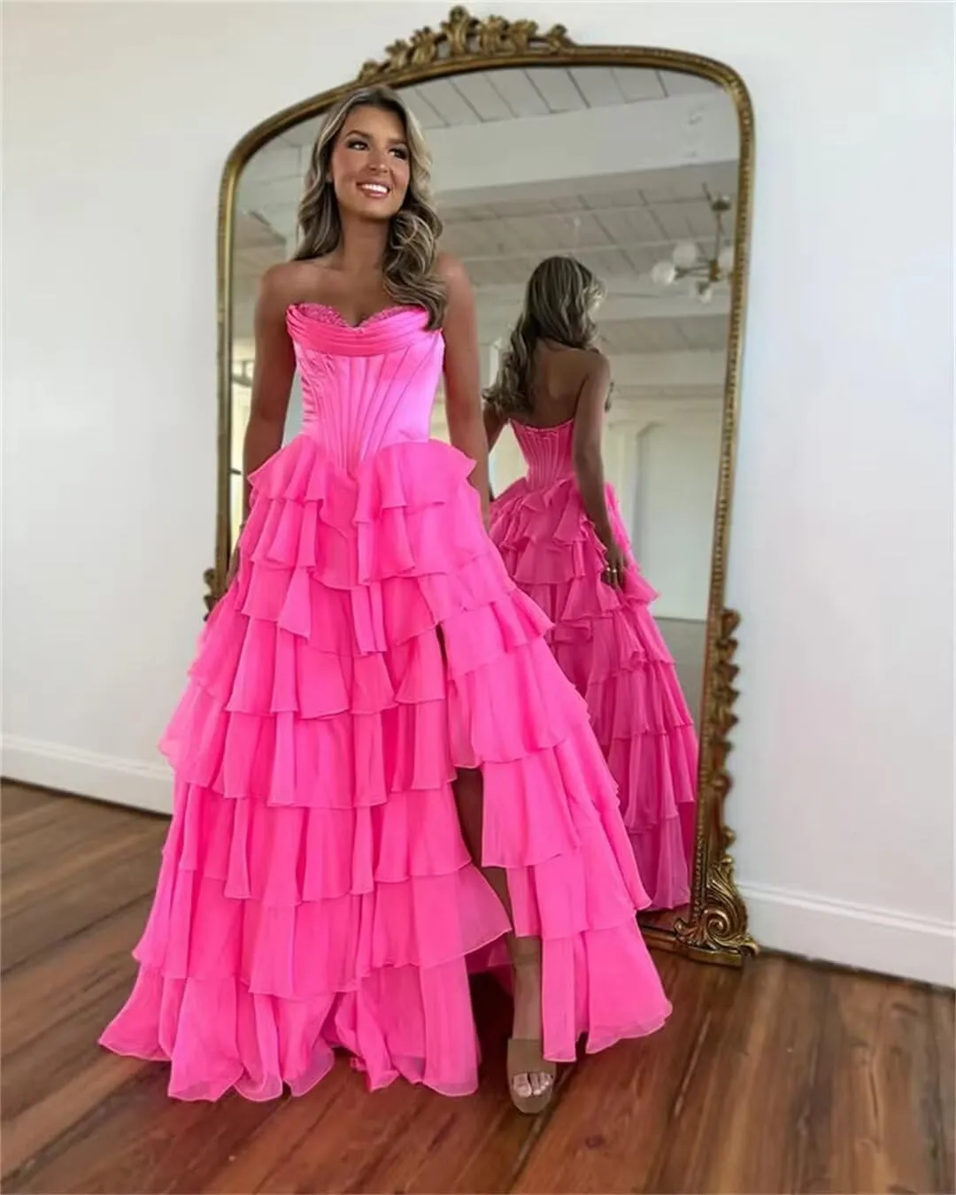 WDBFY Strapless Corset Prom Dresses with Slit Long Tiered Chiffon Evening Dress A-Line Ruffle Formal Evening Gowns
