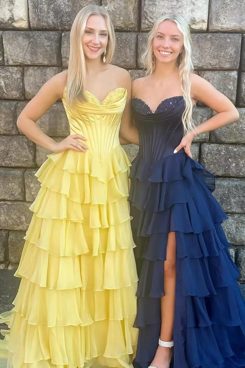 WDBFY Strapless Corset Prom Dresses with Slit Long Tiered Chiffon Evening Dress A-Line Ruffle Formal Evening Gowns