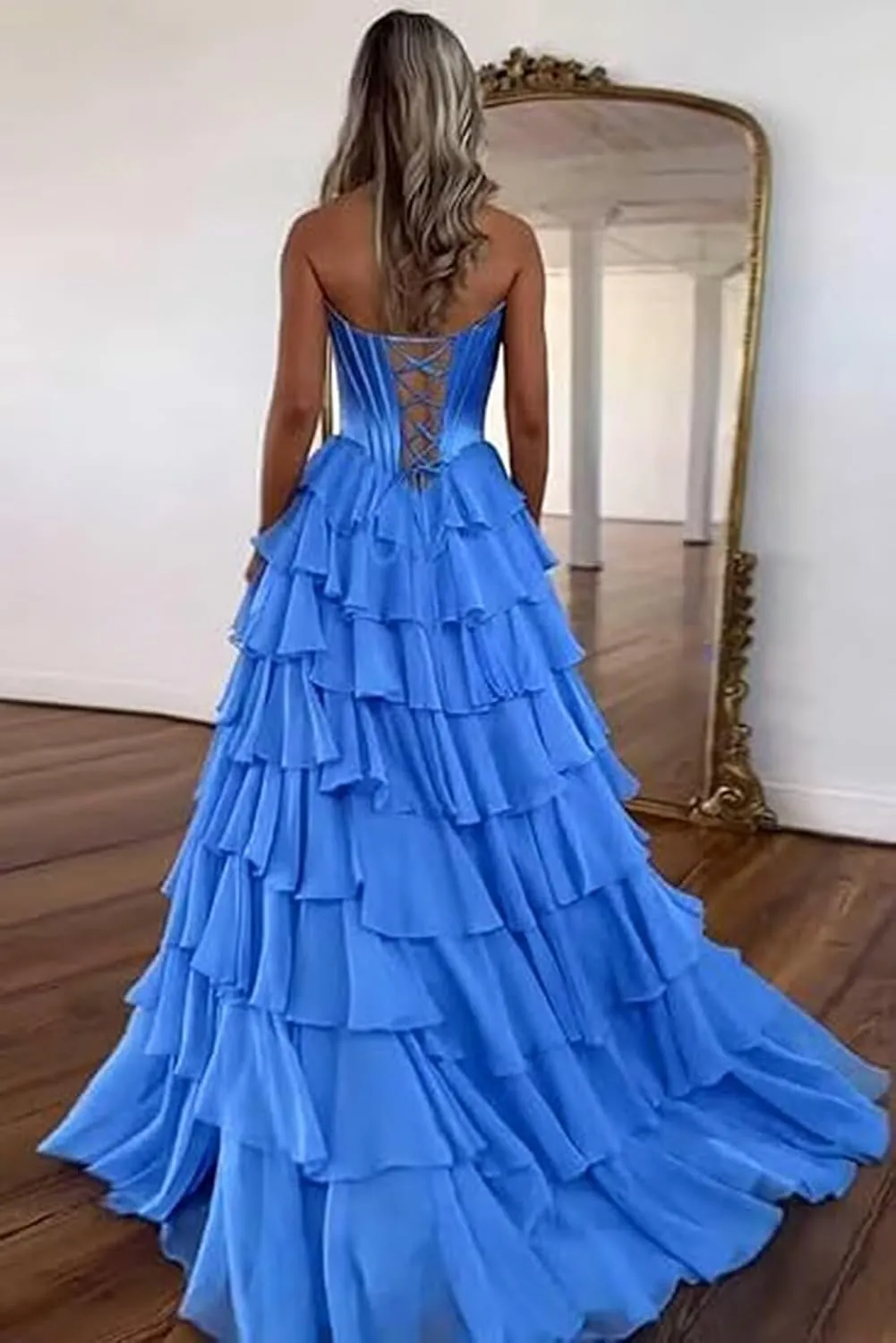 WDBFY Strapless Corset Prom Dresses with Slit Long Tiered Chiffon Evening Dress A-Line Ruffle Formal Evening Gowns