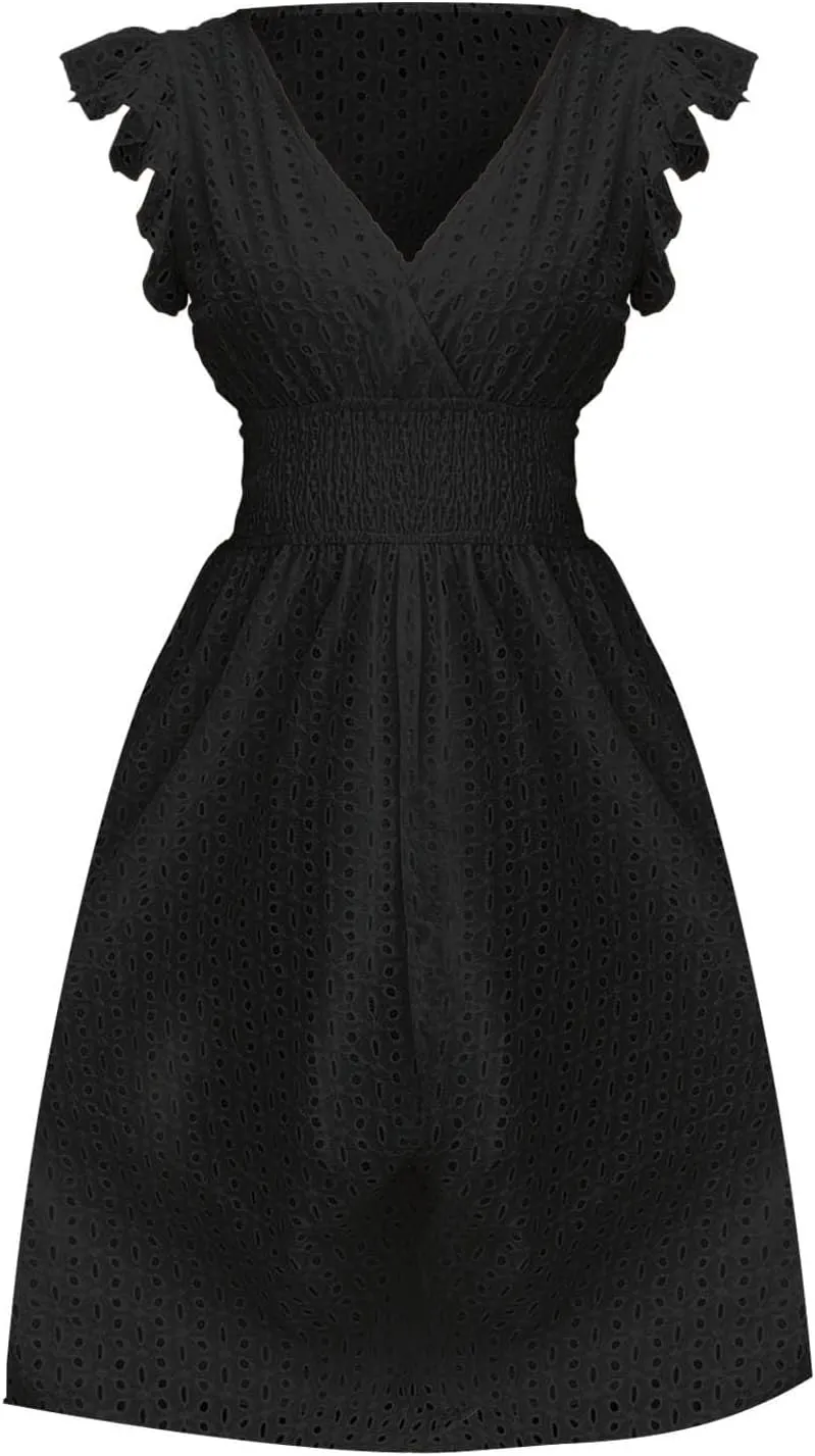 Wedding Guest Dress, Womens Sundresses Vacation Flowy Summer Midi Casual Dresses for Women Ruffle Sleeve Semi Formal