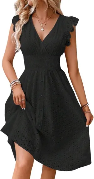 Wedding Guest Dress, Womens Sundresses Vacation Flowy Summer Midi Casual Dresses for Women Ruffle Sleeve Semi Formal