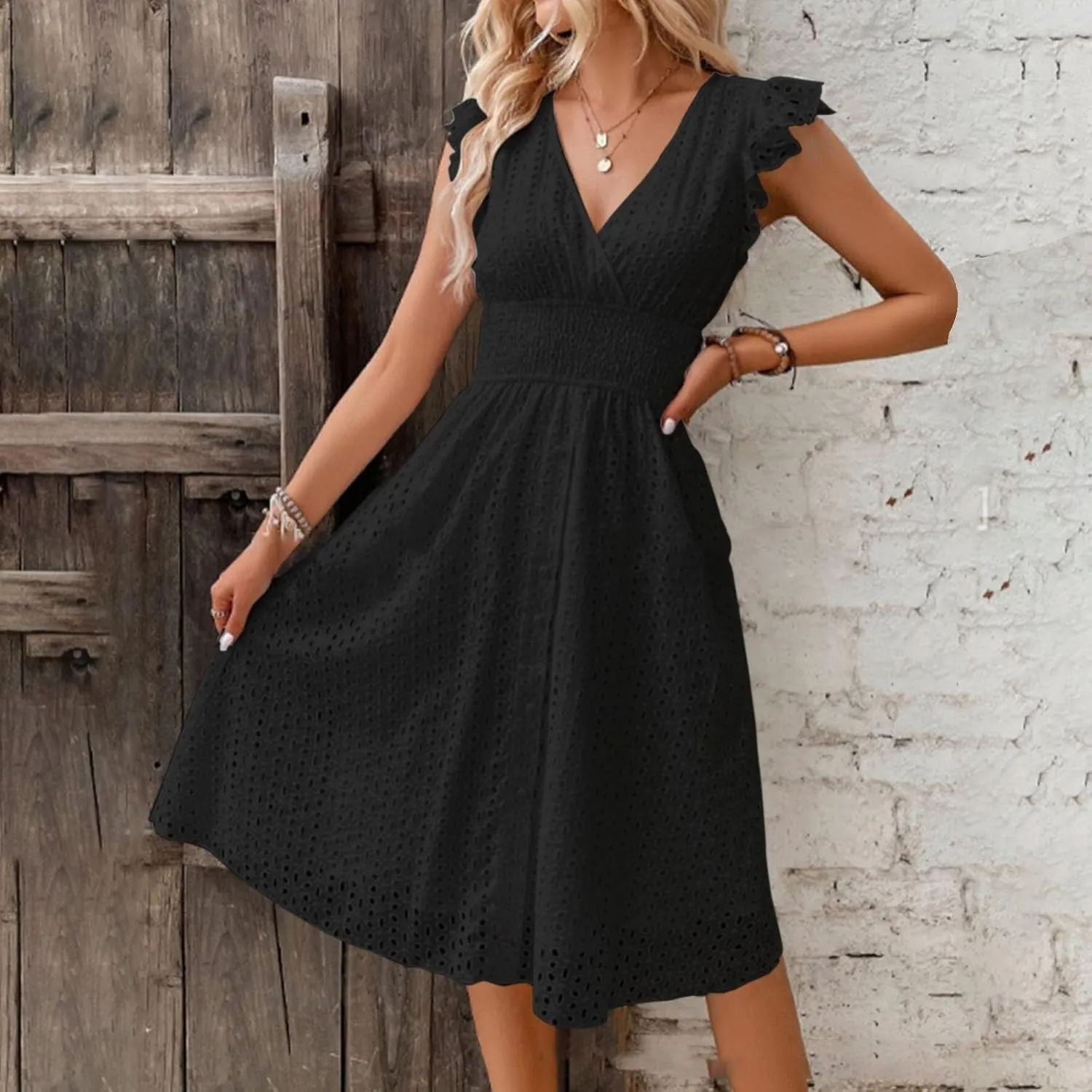 Wedding Guest Dress, Womens Sundresses Vacation Flowy Summer Midi Casual Dresses for Women Ruffle Sleeve Semi Formal