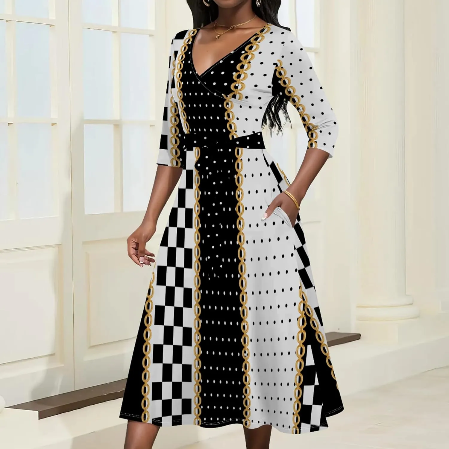 Wedding Guest Dresses for Women Casual 3/4 Sleeve V Neck Wrap Belt Trendy with Pockets A-Line Elegant Cocktail Party Dress