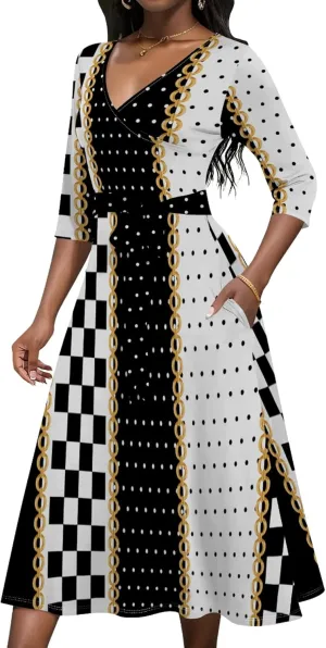 Wedding Guest Dresses for Women Casual 3/4 Sleeve V Neck Wrap Belt Trendy with Pockets A-Line Elegant Cocktail Party Dress