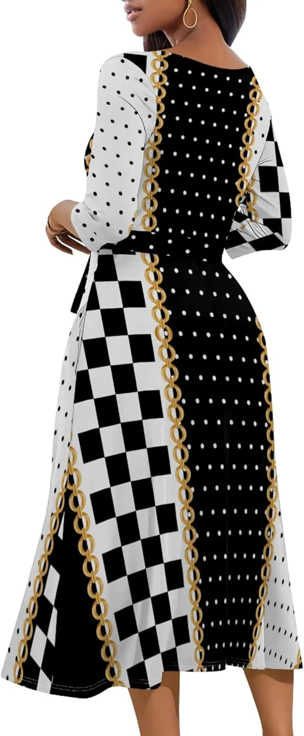 Wedding Guest Dresses for Women Casual 3/4 Sleeve V Neck Wrap Belt Trendy with Pockets A-Line Elegant Cocktail Party Dress