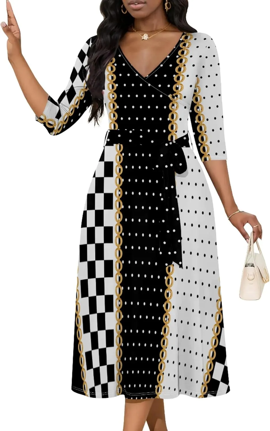 Wedding Guest Dresses for Women Casual 3/4 Sleeve V Neck Wrap Belt Trendy with Pockets A-Line Elegant Cocktail Party Dress