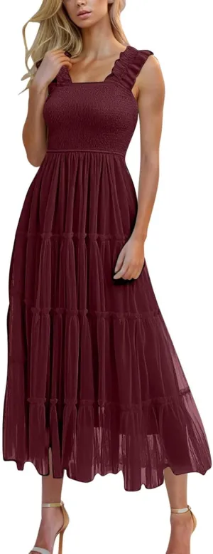 Wedding Guest Dresses for Women Square Neck Sleeveless Midi Tulle Dress Smocked Tiered Ruffle Flowy Party Sundress