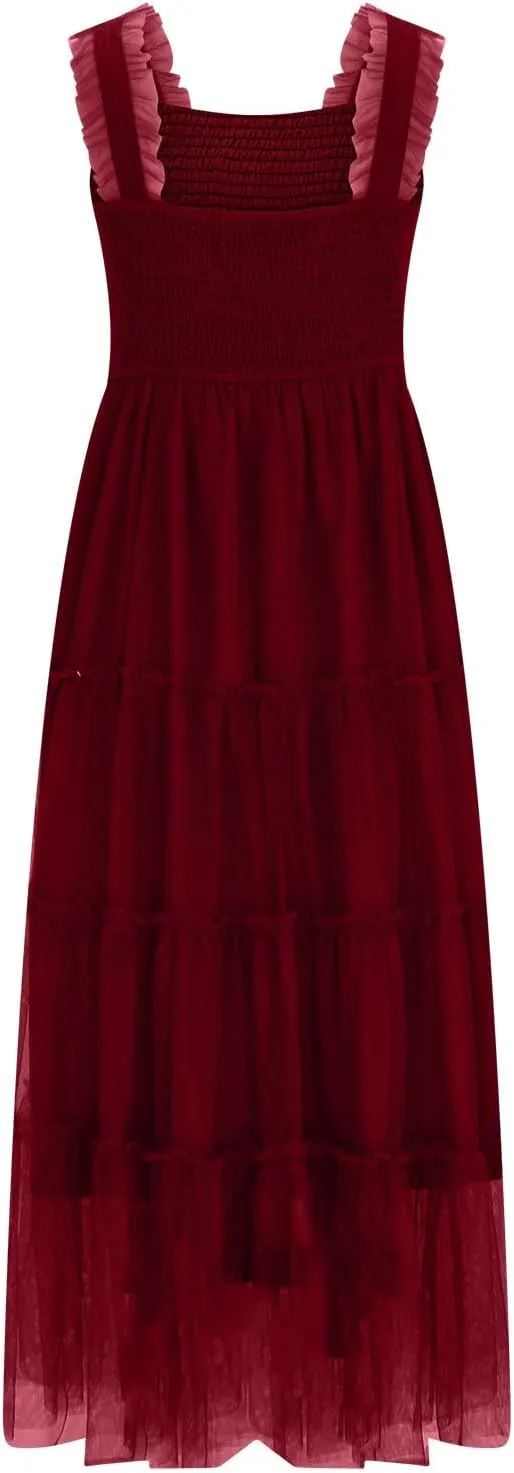Wedding Guest Dresses for Women Square Neck Sleeveless Midi Tulle Dress Smocked Tiered Ruffle Flowy Party Sundress