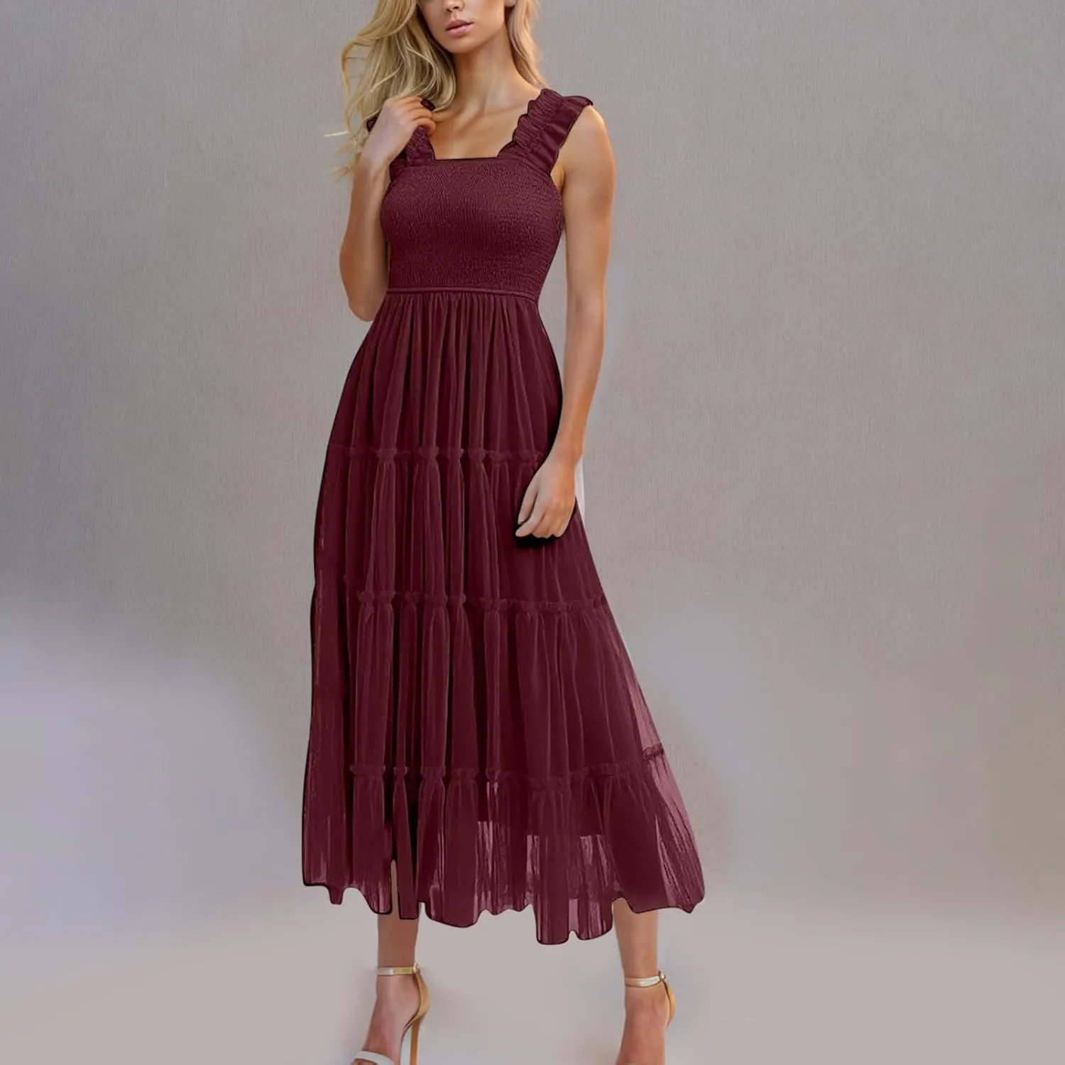 Wedding Guest Dresses for Women Square Neck Sleeveless Midi Tulle Dress Smocked Tiered Ruffle Flowy Party Sundress