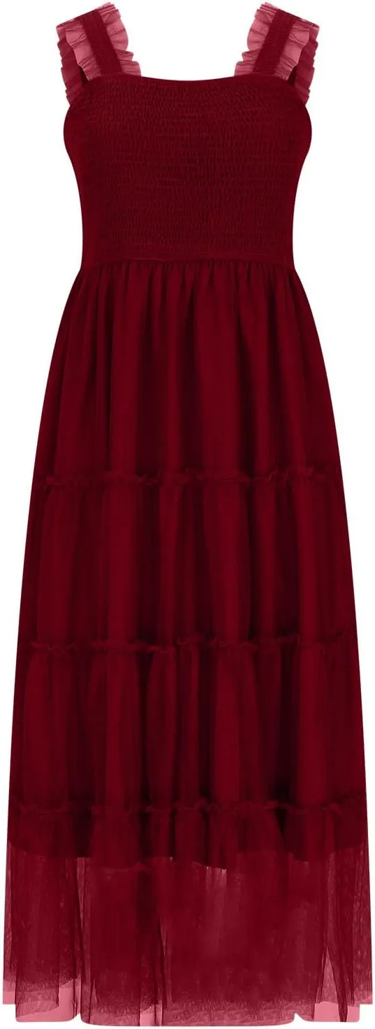 Wedding Guest Dresses for Women Square Neck Sleeveless Midi Tulle Dress Smocked Tiered Ruffle Flowy Party Sundress