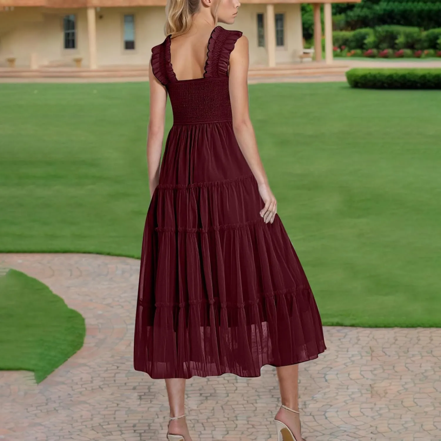 Wedding Guest Dresses for Women Square Neck Sleeveless Midi Tulle Dress Smocked Tiered Ruffle Flowy Party Sundress