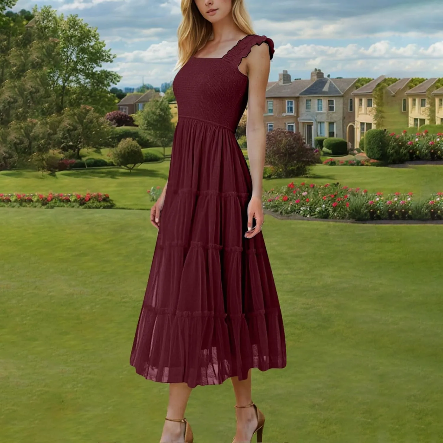 Wedding Guest Dresses for Women Square Neck Sleeveless Midi Tulle Dress Smocked Tiered Ruffle Flowy Party Sundress