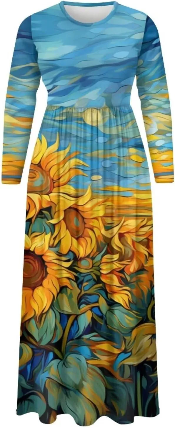 WELLFLYHOM Fall Dresses for Women Long Sleeve Maxi Dress Wedding Guests Dresses S-4XL Maple Leaf Sundress