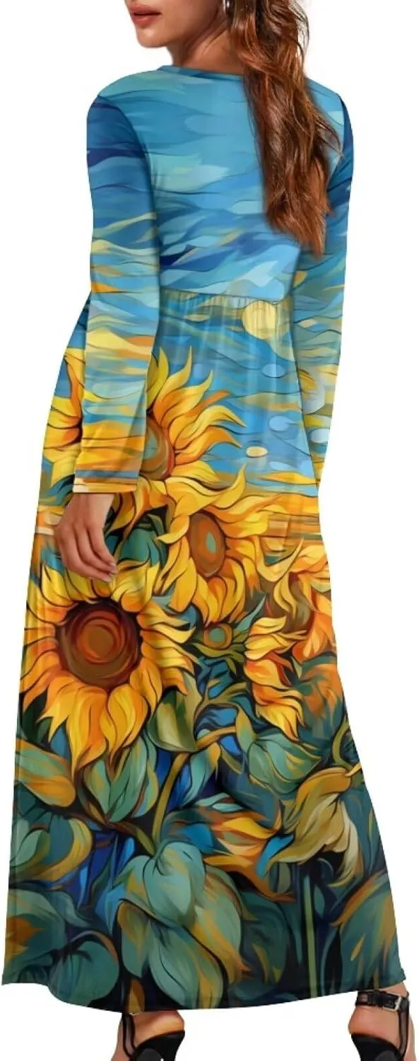 WELLFLYHOM Fall Dresses for Women Long Sleeve Maxi Dress Wedding Guests Dresses S-4XL Maple Leaf Sundress