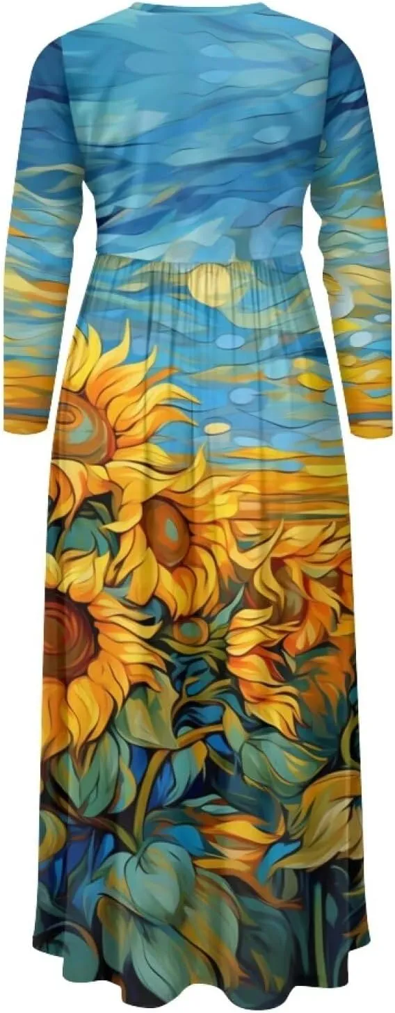 WELLFLYHOM Fall Dresses for Women Long Sleeve Maxi Dress Wedding Guests Dresses S-4XL Maple Leaf Sundress