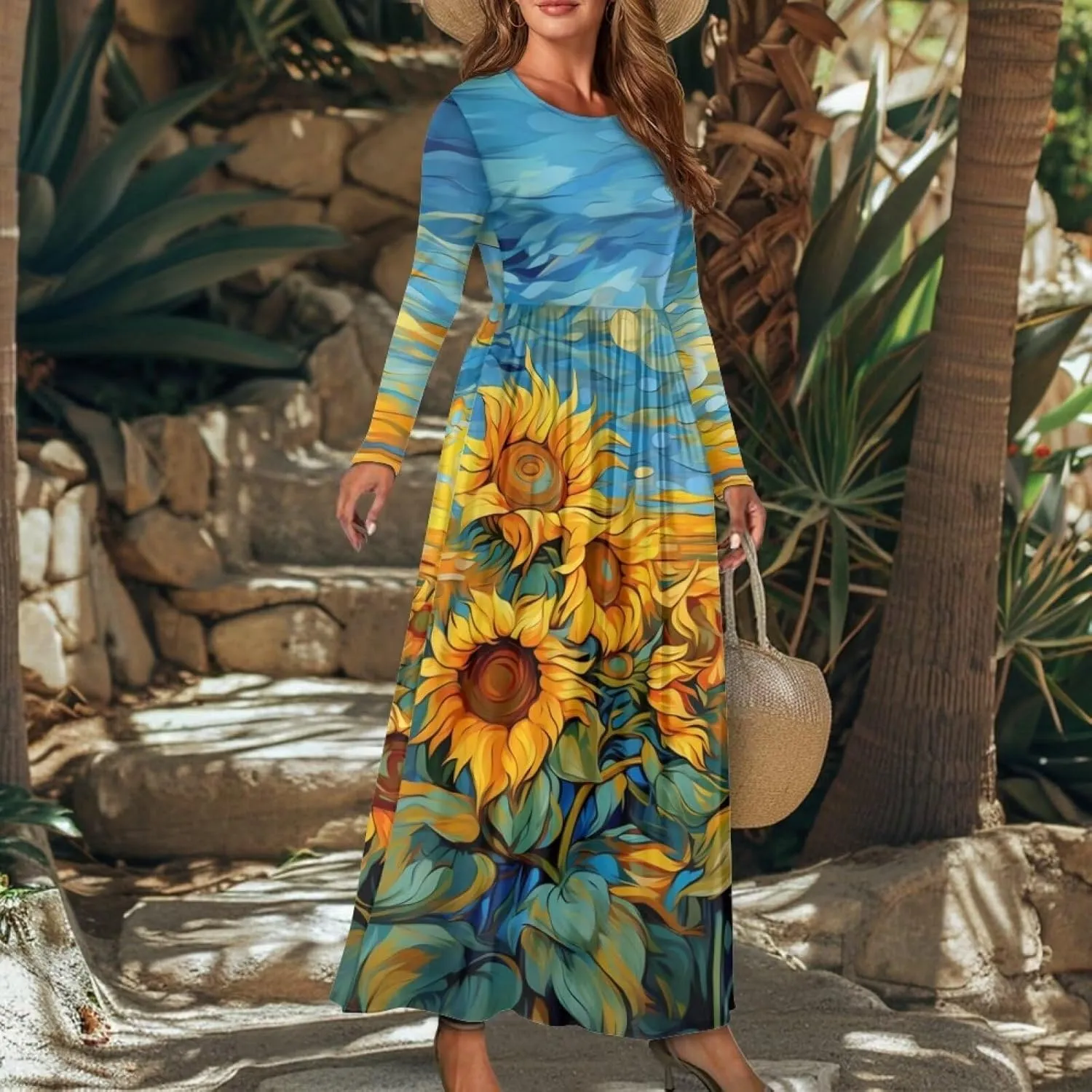 WELLFLYHOM Fall Dresses for Women Long Sleeve Maxi Dress Wedding Guests Dresses S-4XL Maple Leaf Sundress