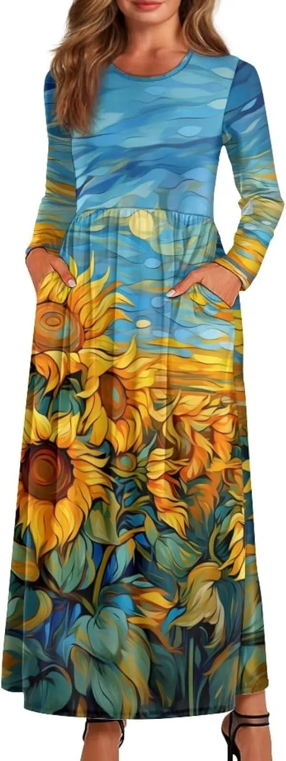 WELLFLYHOM Fall Dresses for Women Long Sleeve Maxi Dress Wedding Guests Dresses S-4XL Maple Leaf Sundress