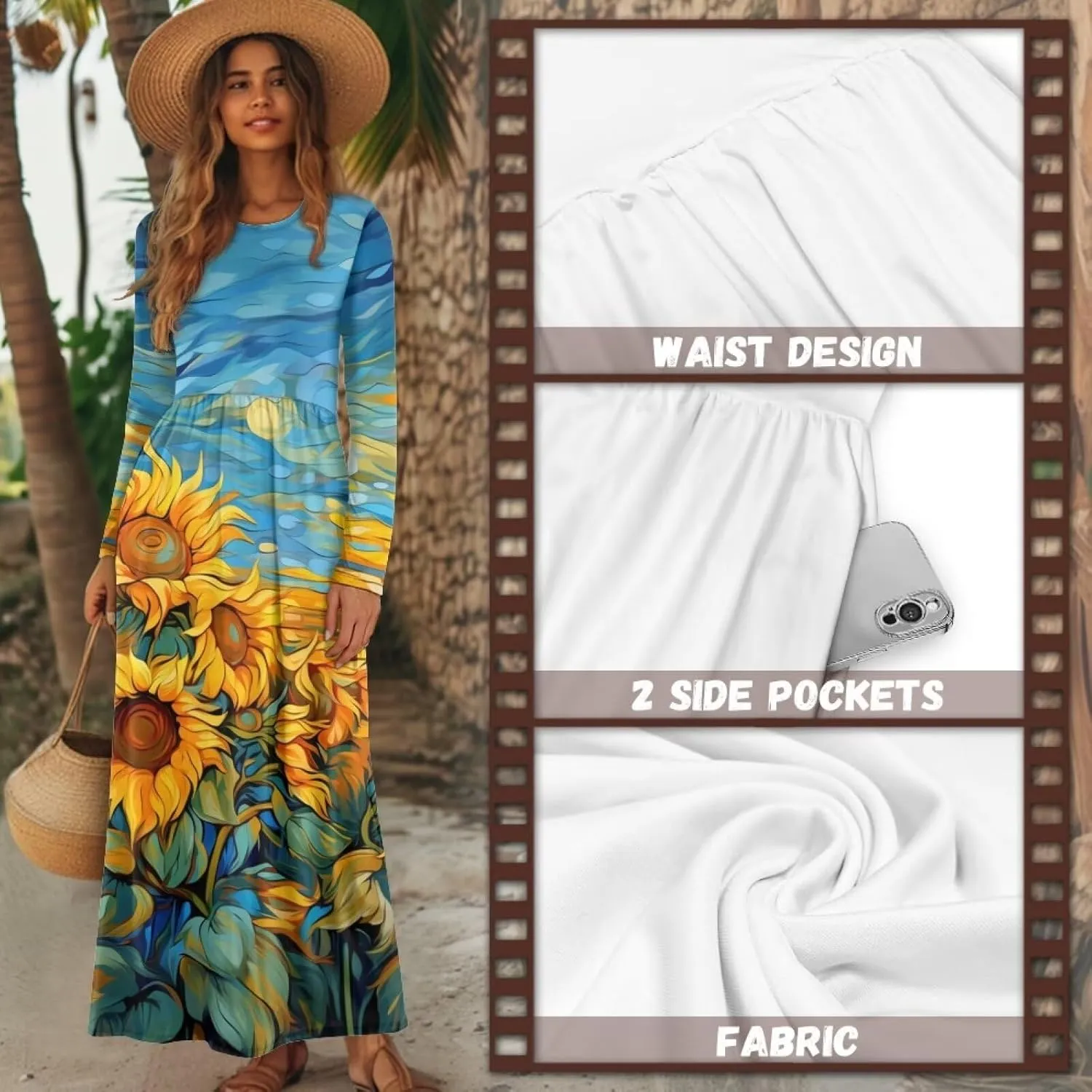 WELLFLYHOM Fall Dresses for Women Long Sleeve Maxi Dress Wedding Guests Dresses S-4XL Maple Leaf Sundress