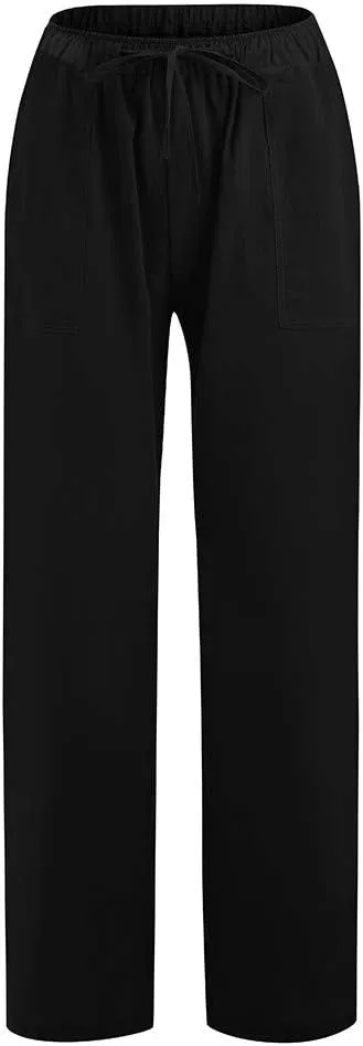 Wide Leg Pants for Woman Summer Linen Flowy Pants Preppy Aesthetics Pants Drawstring High Waisted Palazzo Pants with Pockets
