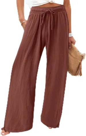 Wide Leg Pants Woman Linen High Waisted Solid Flowy Casual Baggy Drawstring Palazzo Trousers Pants with Pockets