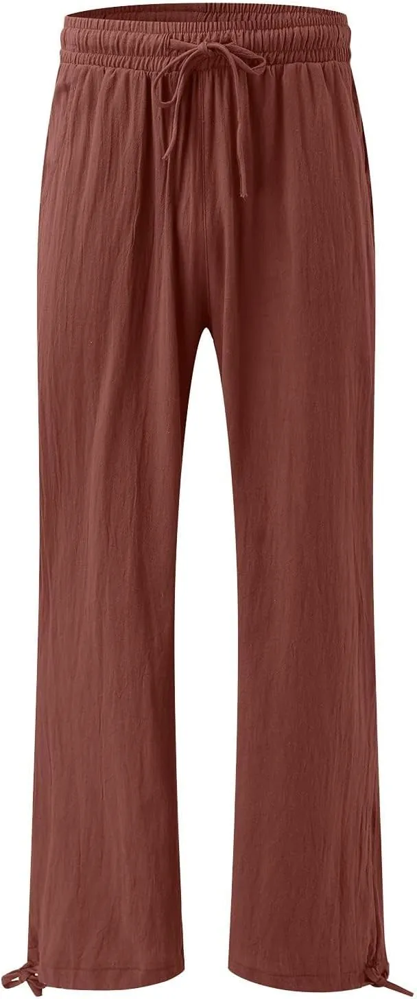 Wide Leg Pants Woman Linen High Waisted Solid Flowy Casual Baggy Drawstring Palazzo Trousers Pants with Pockets