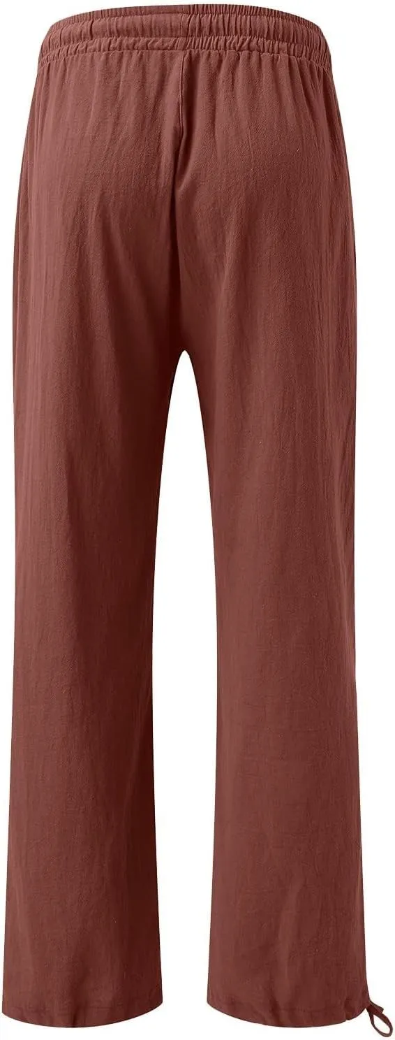Wide Leg Pants Woman Linen High Waisted Solid Flowy Casual Baggy Drawstring Palazzo Trousers Pants with Pockets