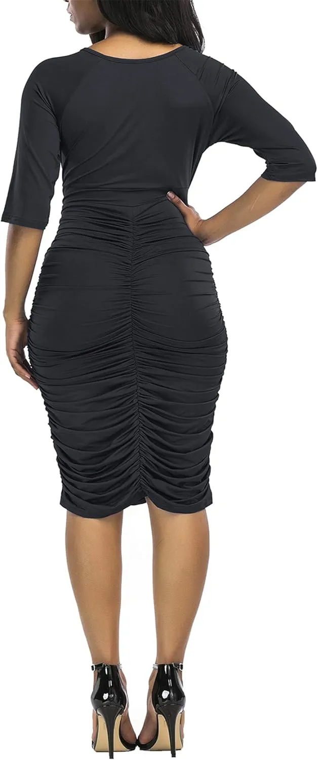 WIWIQS Women Plus Size Half Sleeve Round Neck Cocktail Midi Dress Ruched Party Dresses