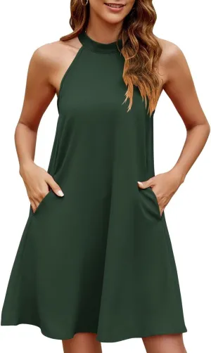 Wkior Women's Summer Halter Sleeveless Dresses Loose A-Line Swing Sundress Beach Vacation Mini Dress with Pockets(S-2XL)