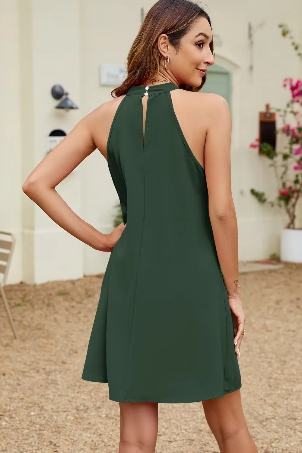 Wkior Women's Summer Halter Sleeveless Dresses Loose A-Line Swing Sundress Beach Vacation Mini Dress with Pockets(S-2XL)