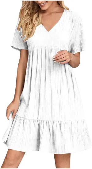 Wkishenl Summer Dresses for Women 2025 Vacation Trendy Short Sleeve V Neck Mini T Shirt Dress Pleated Ruffle Beach Sundresses