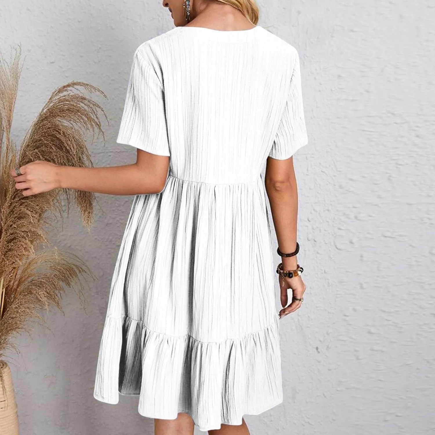 Wkishenl Summer Dresses for Women 2025 Vacation Trendy Short Sleeve V Neck Mini T Shirt Dress Pleated Ruffle Beach Sundresses