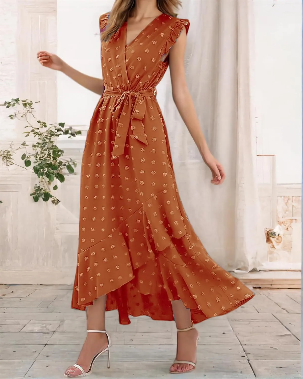Women 2025 Summer Casual V Neck A-Line Dress Belted Swiss Dot Ruffle Sleeveless Beach Sun Dress