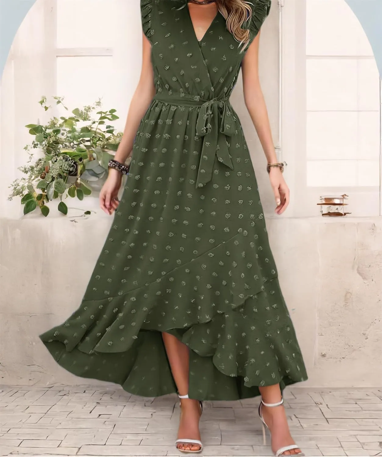Women 2025 Summer Casual V Neck A-Line Dress Belted Swiss Dot Ruffle Sleeveless Beach Sun Dress