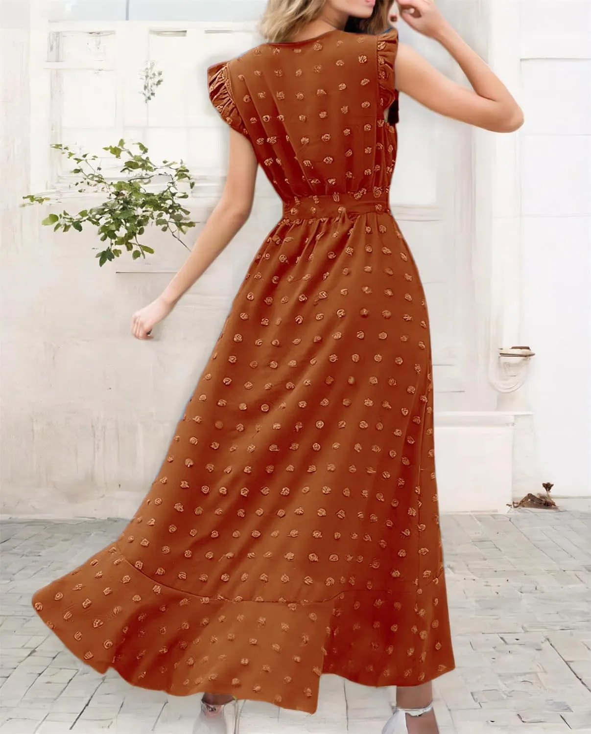 Women 2025 Summer Casual V Neck A-Line Dress Belted Swiss Dot Ruffle Sleeveless Beach Sun Dress