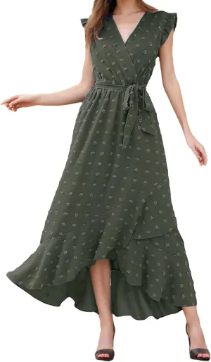 Women 2025 Summer Casual V Neck A-Line Dress Belted Swiss Dot Ruffle Sleeveless Beach Sun Dress