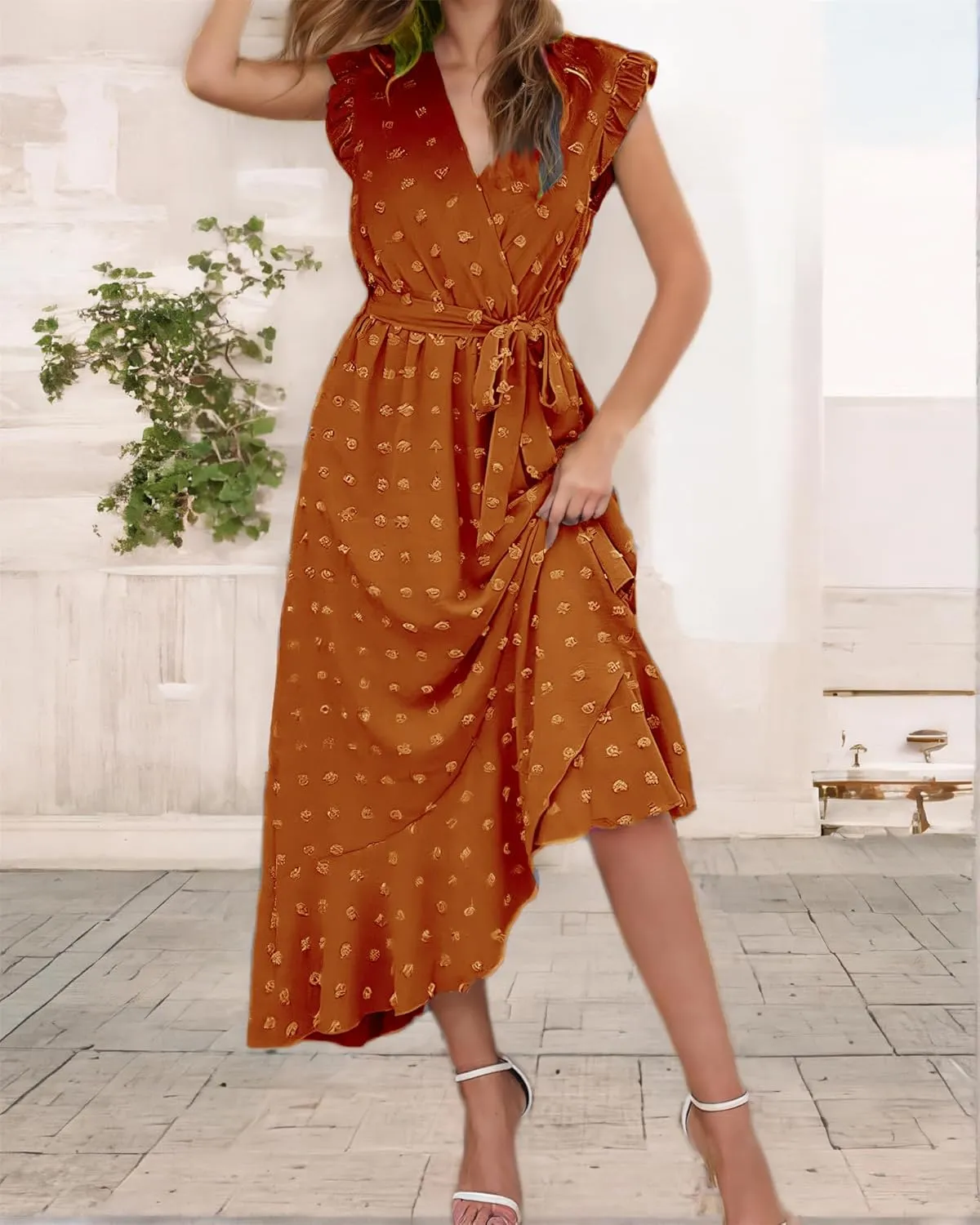 Women 2025 Summer Casual V Neck A-Line Dress Belted Swiss Dot Ruffle Sleeveless Beach Sun Dress