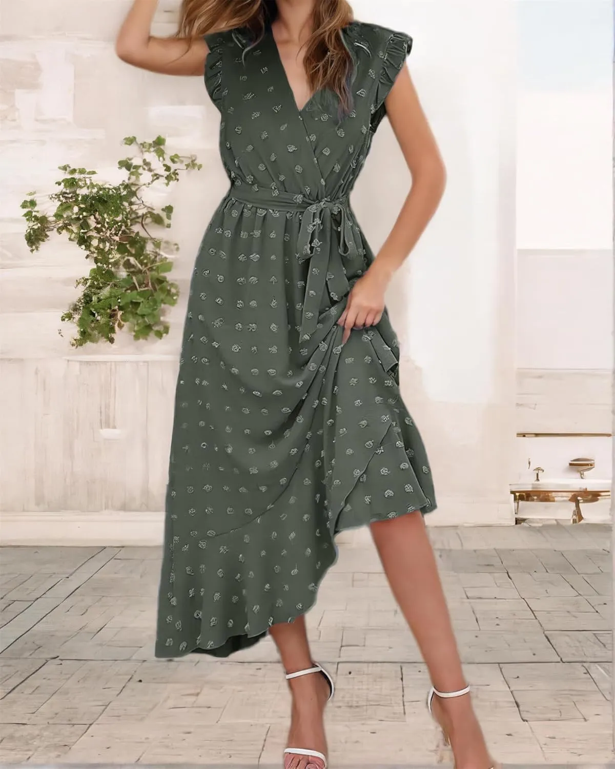 Women 2025 Summer Casual V Neck A-Line Dress Belted Swiss Dot Ruffle Sleeveless Beach Sun Dress