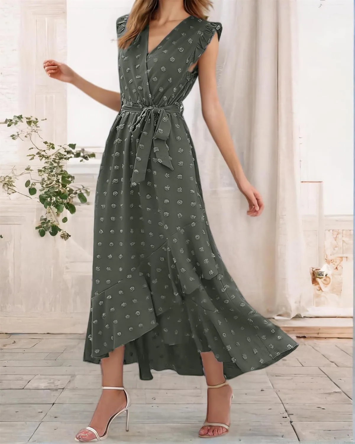 Women 2025 Summer Casual V Neck A-Line Dress Belted Swiss Dot Ruffle Sleeveless Beach Sun Dress