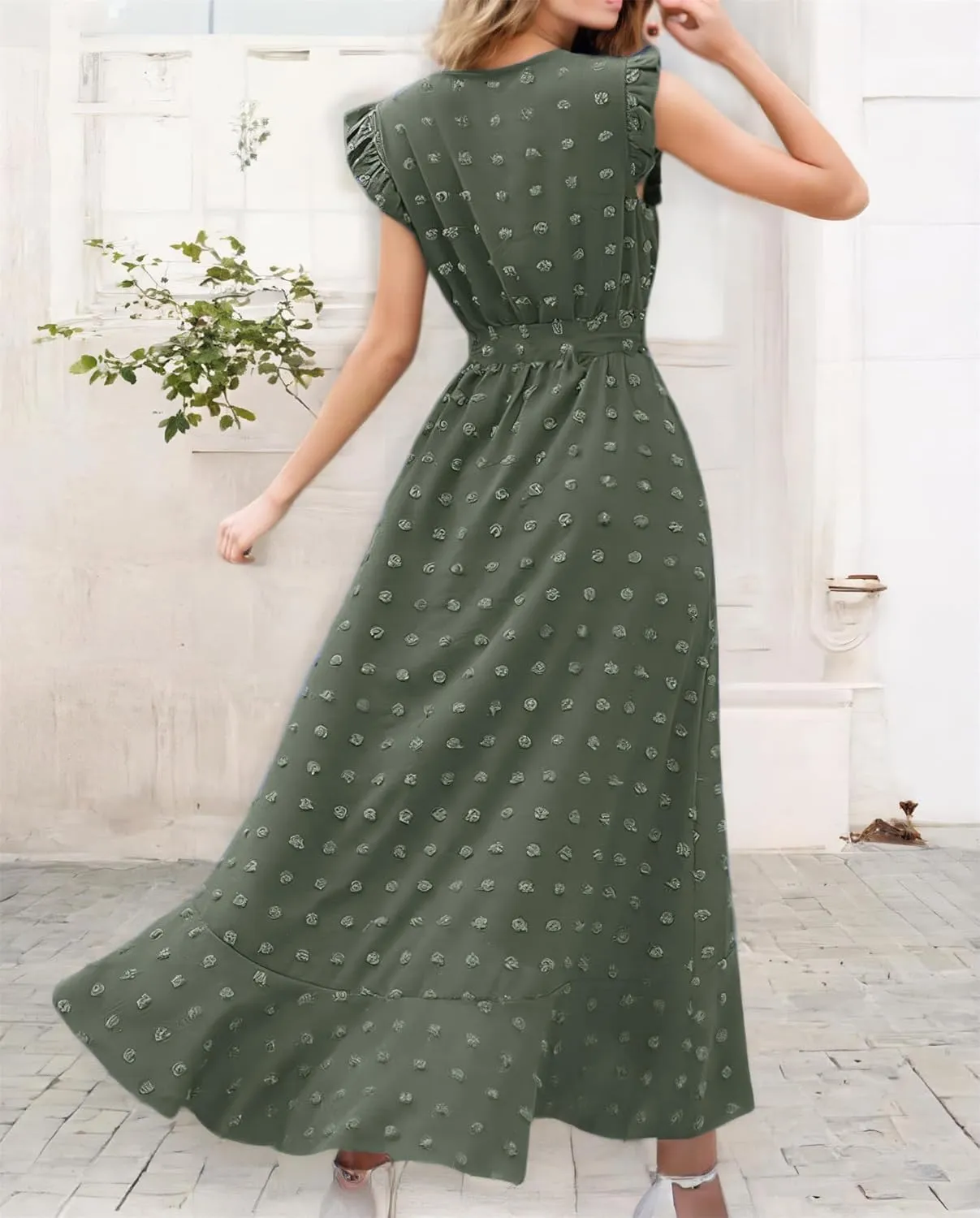 Women 2025 Summer Casual V Neck A-Line Dress Belted Swiss Dot Ruffle Sleeveless Beach Sun Dress