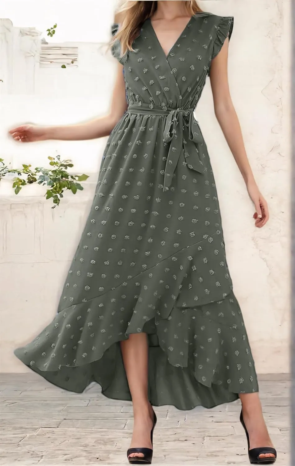 Women 2025 Summer Casual V Neck A-Line Dress Belted Swiss Dot Ruffle Sleeveless Beach Sun Dress