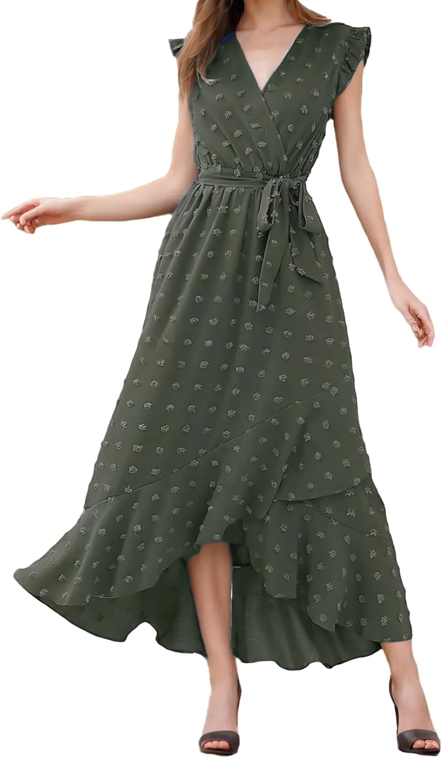Women 2025 Summer Casual V Neck A-Line Dress Belted Swiss Dot Ruffle Sleeveless Beach Sun Dress