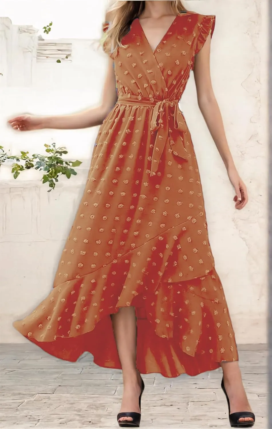 Women 2025 Summer Casual V Neck A-Line Dress Belted Swiss Dot Ruffle Sleeveless Beach Sun Dress