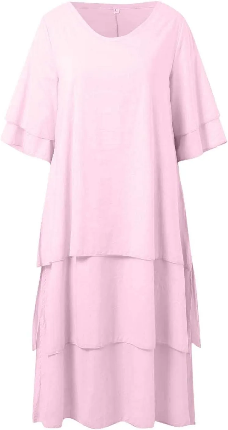 Women 2025 Summer Dress Short Sleeve Crewneck Maxi Dresses Casual Cotton Linen Flowy Midi Sundress Plus Size Clothes