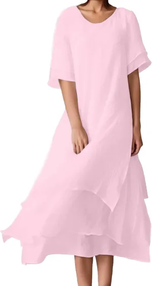 Women 2025 Summer Dress Short Sleeve Crewneck Maxi Dresses Casual Cotton Linen Flowy Midi Sundress Plus Size Clothes