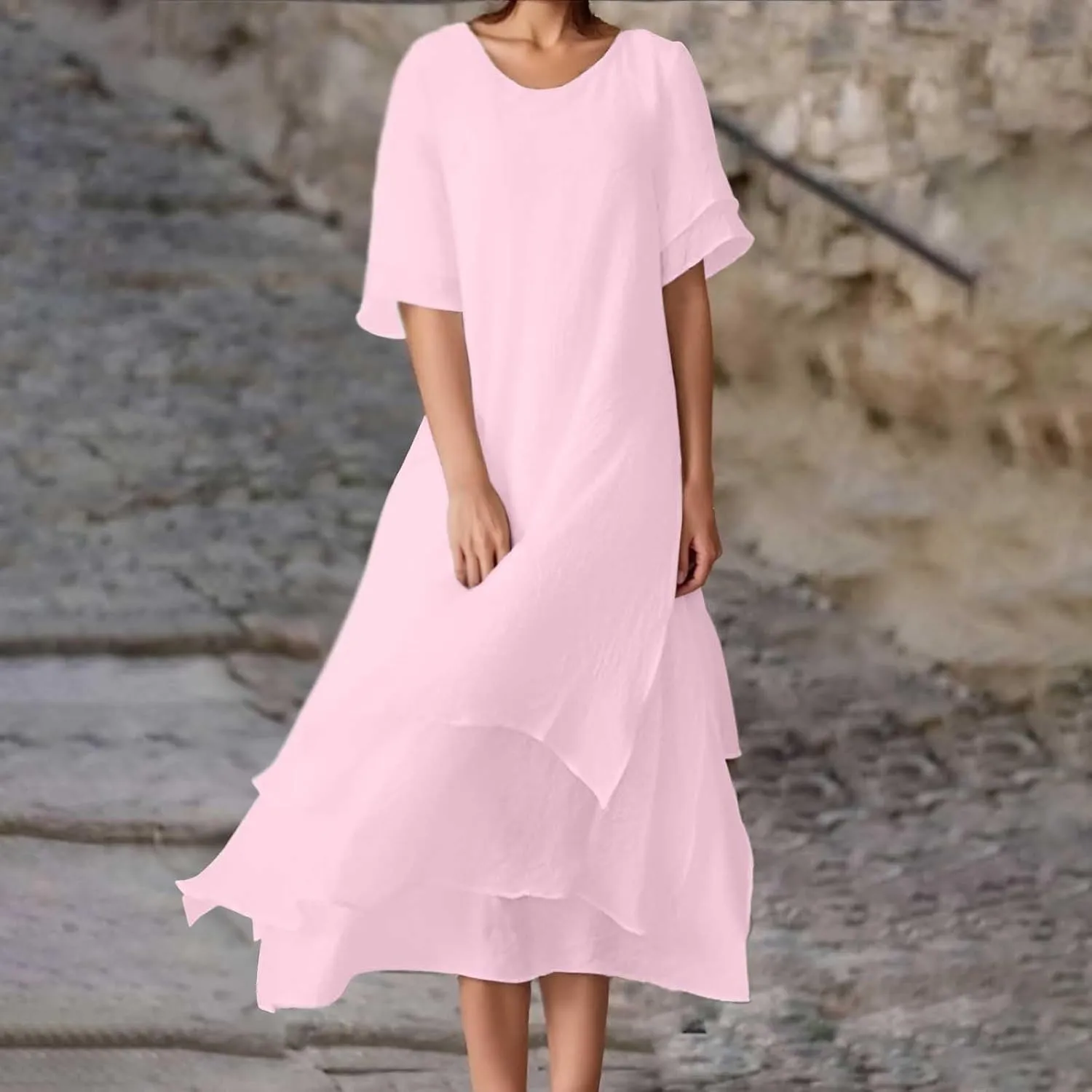 Women 2025 Summer Dress Short Sleeve Crewneck Maxi Dresses Casual Cotton Linen Flowy Midi Sundress Plus Size Clothes