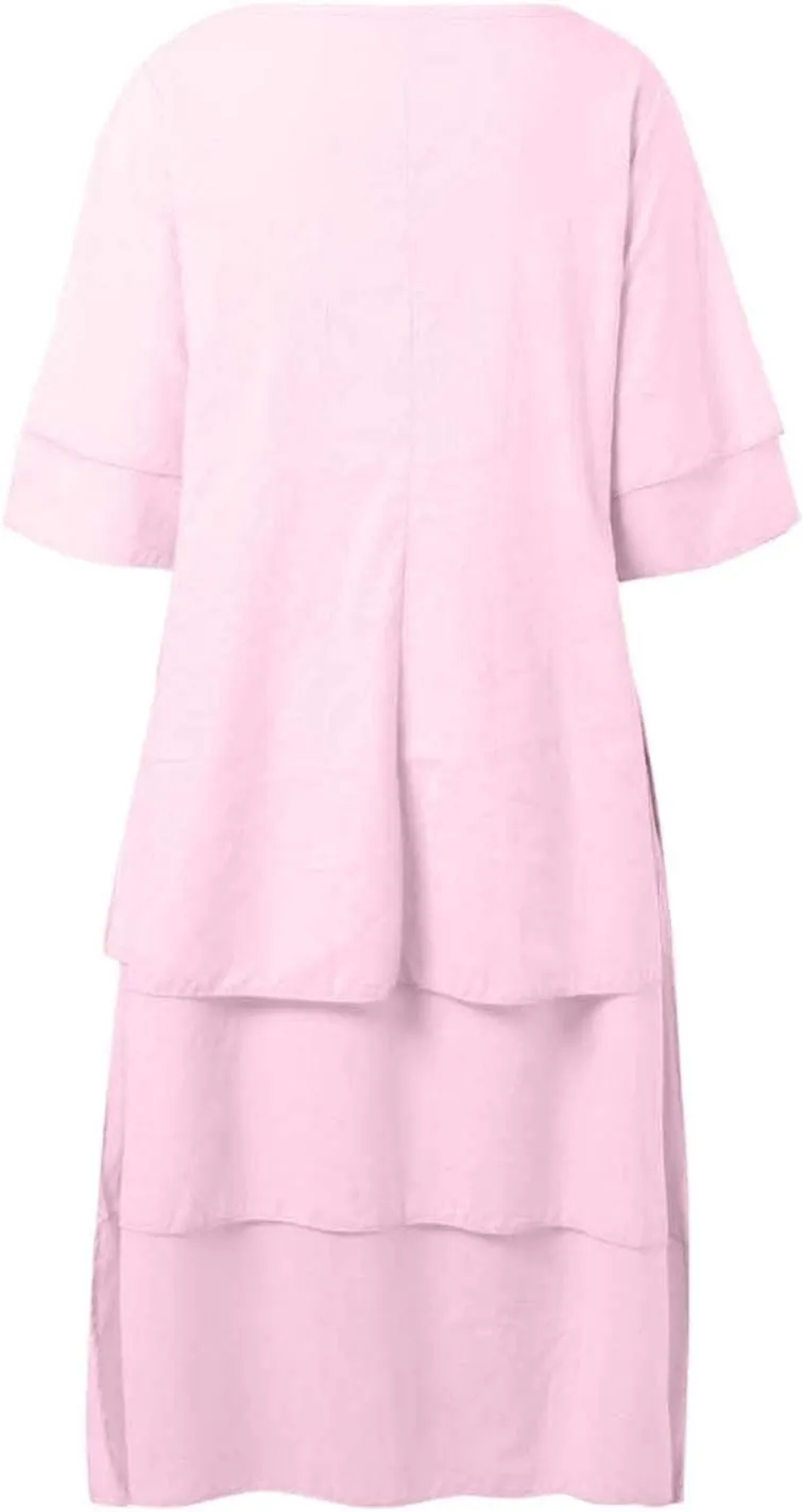 Women 2025 Summer Dress Short Sleeve Crewneck Maxi Dresses Casual Cotton Linen Flowy Midi Sundress Plus Size Clothes
